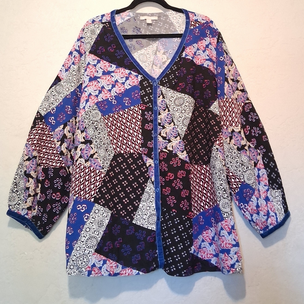 Women Within Patchwork Puff Sleeve Blouse Vneck Button Up Boho Sz2X Plus